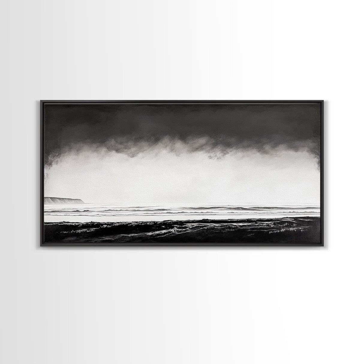 Foggy Ocean, Misty Beach, Black and White Minimalist, Canvas Print, Modern Wall Art, Bedroom Decor, Neutral Tones, Serene Seascape