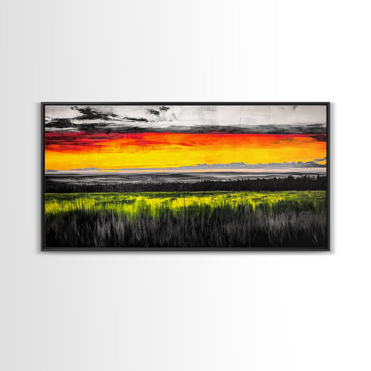 Sunset Meadow, Vibrant Sky Over Rolling Hills, Nature Landscape Painting, Bold Color Art, Canvas Print, Farmhouse Decor, Dining Room Art
