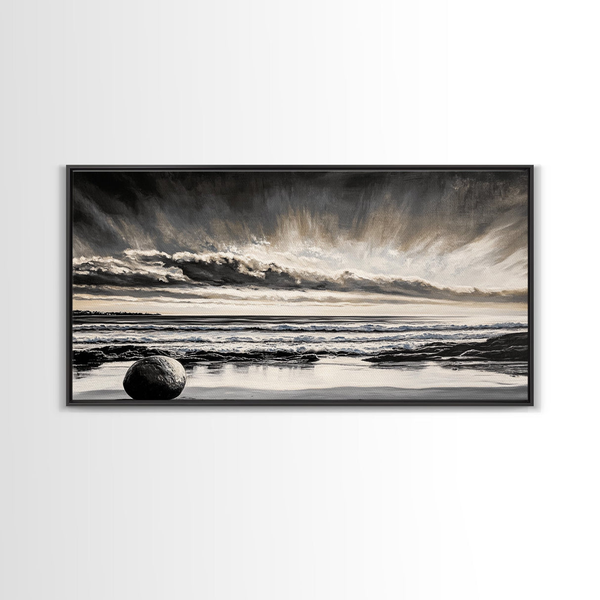 Moody Beach, Black White, Ocean Sunset, Canvas Print, Dramatic Seascape, Coastal Wall Art, Relaxing Home Decor, Living Room Artwork