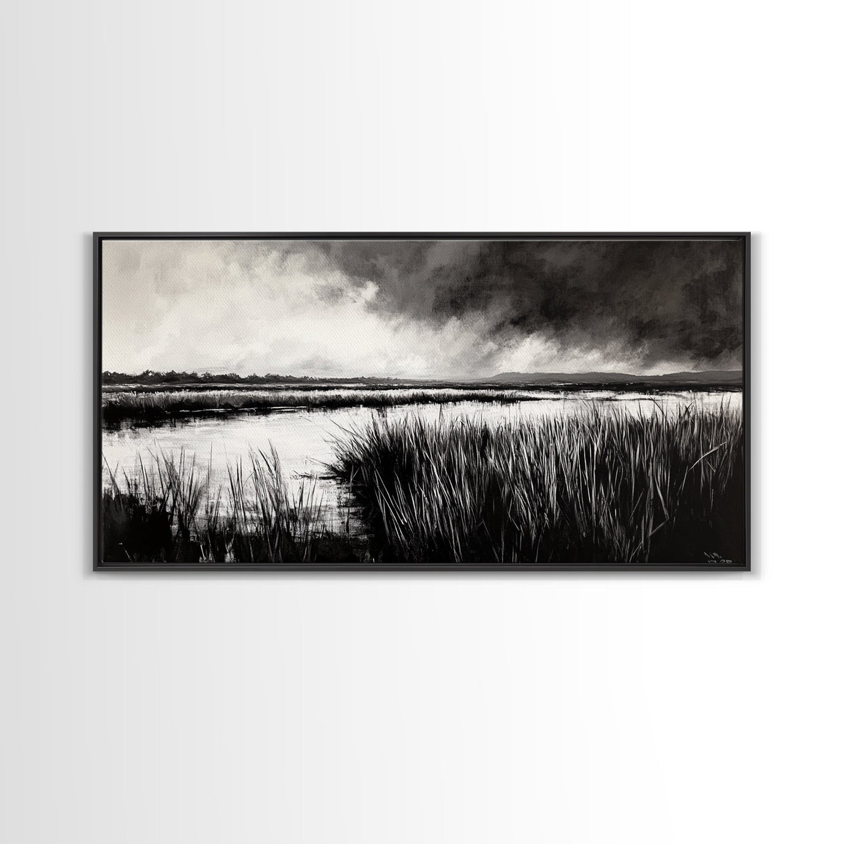 Marshland Landscape, Moody Black and White Art, Nature Wall Decor, Large Framed Canvas Print, Serene Wetlands Painting