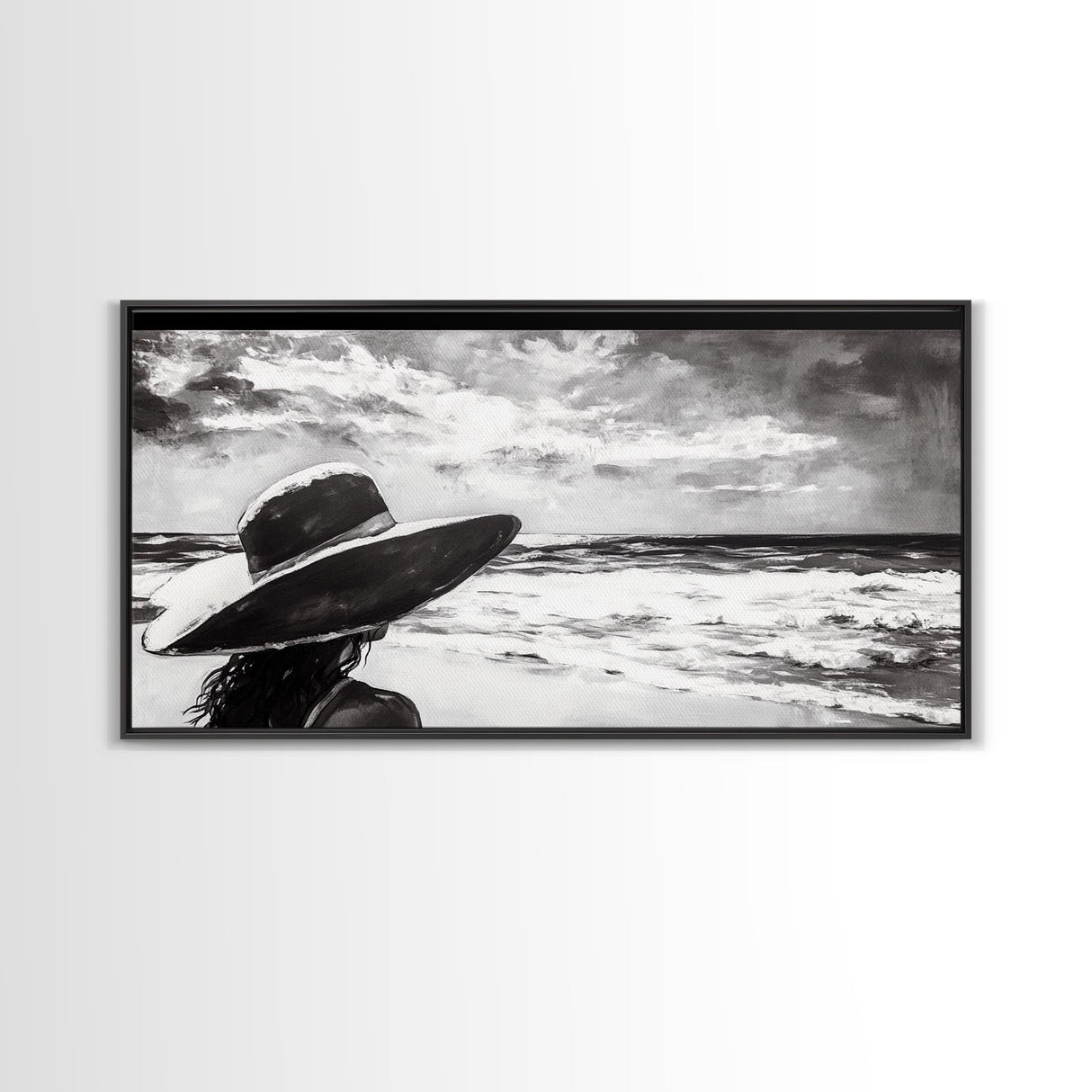 Woman at Beach, Black and White Wall Art, Minimalist Canvas Print, Modern Coastal Decor, Ocean View Art, Living Room Wall Art
