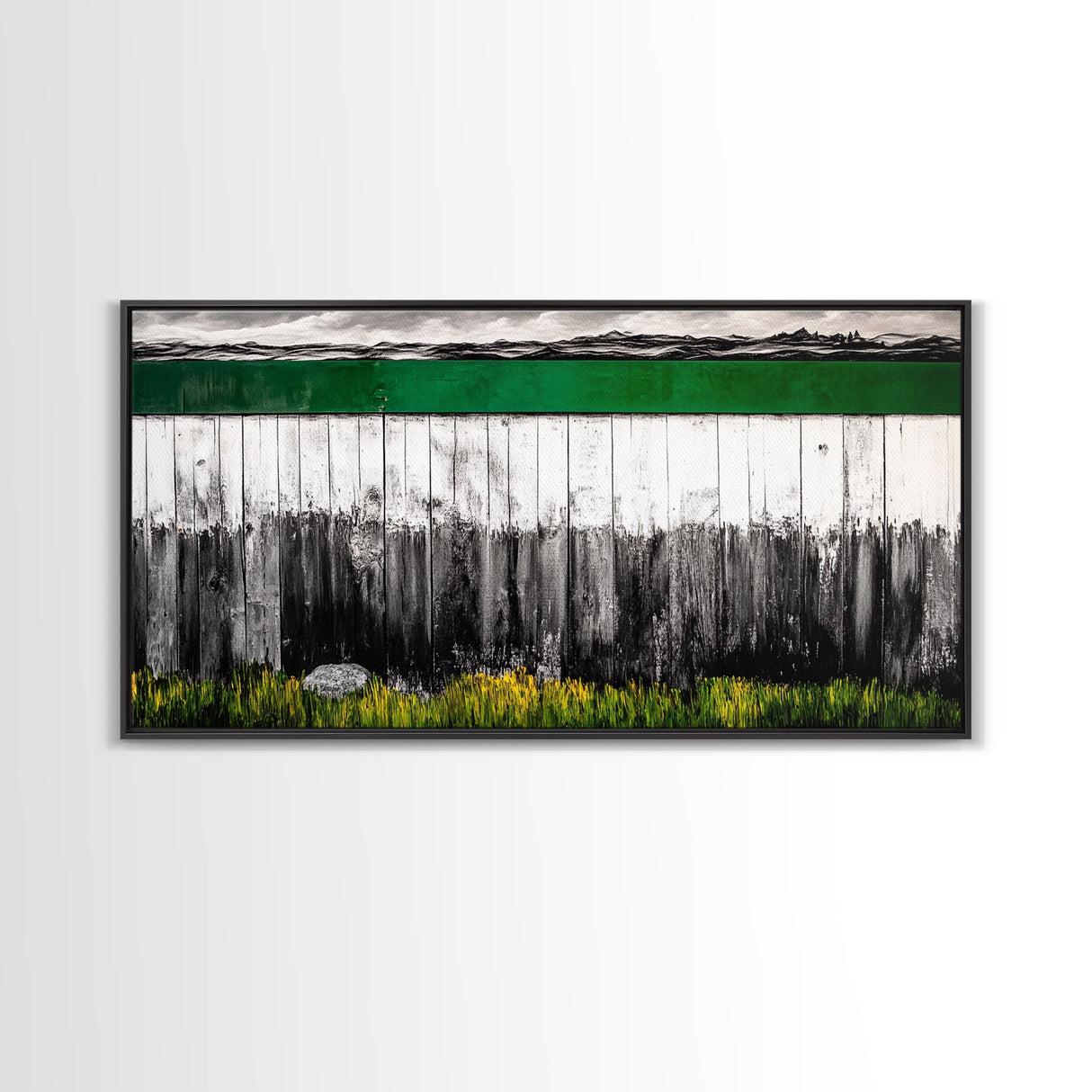 Rustic Fence, Green Landscape, Modern Country Art, Black and White with Color, Nature Inspired, Farmhouse Decor, Serene View, Canvas Print