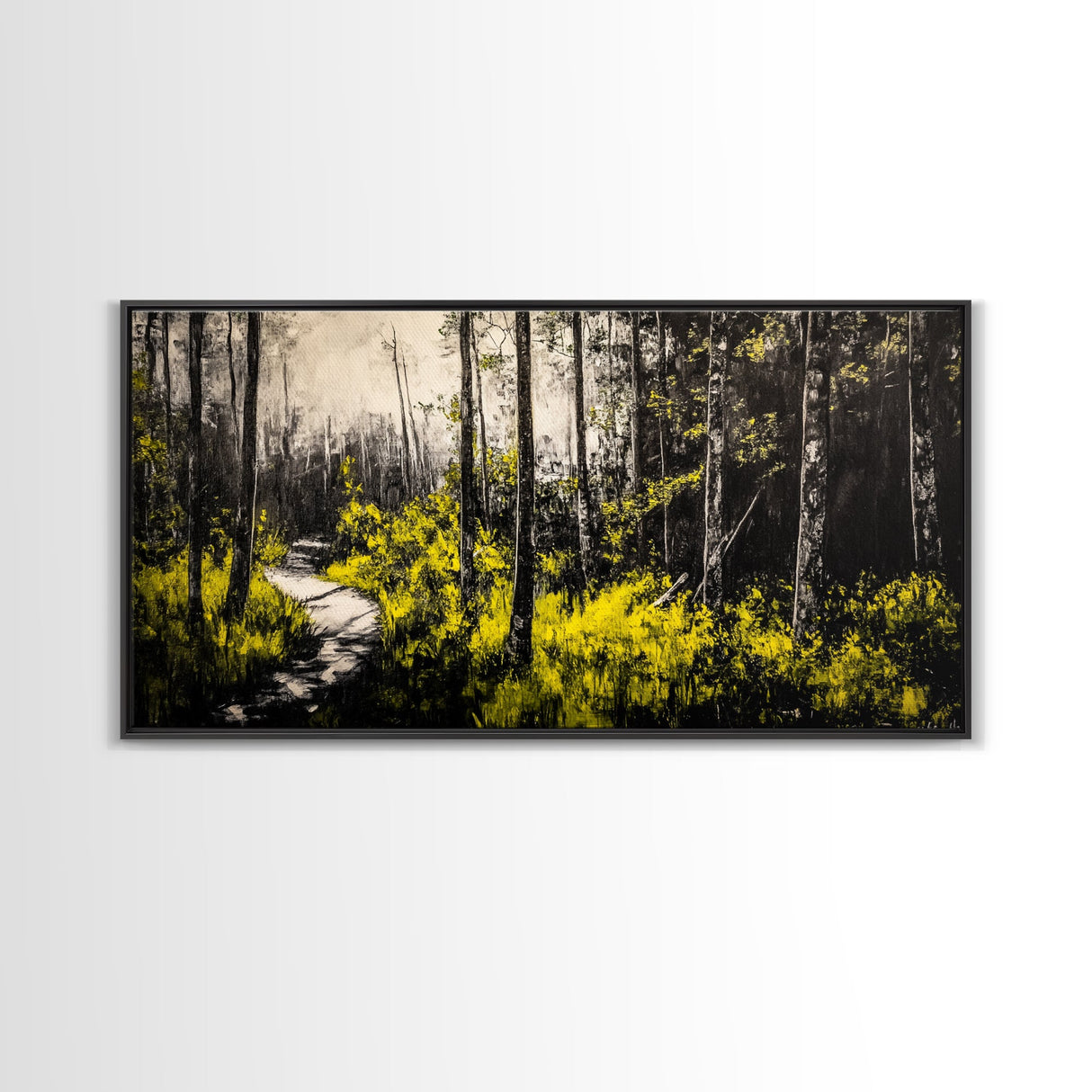 Forest Pathway, Autumn Woodland, Yellow Foliage, Moody Nature Art, Black and White, Peaceful Retreat, Cabin Wall Decor, Framed Canvas Print