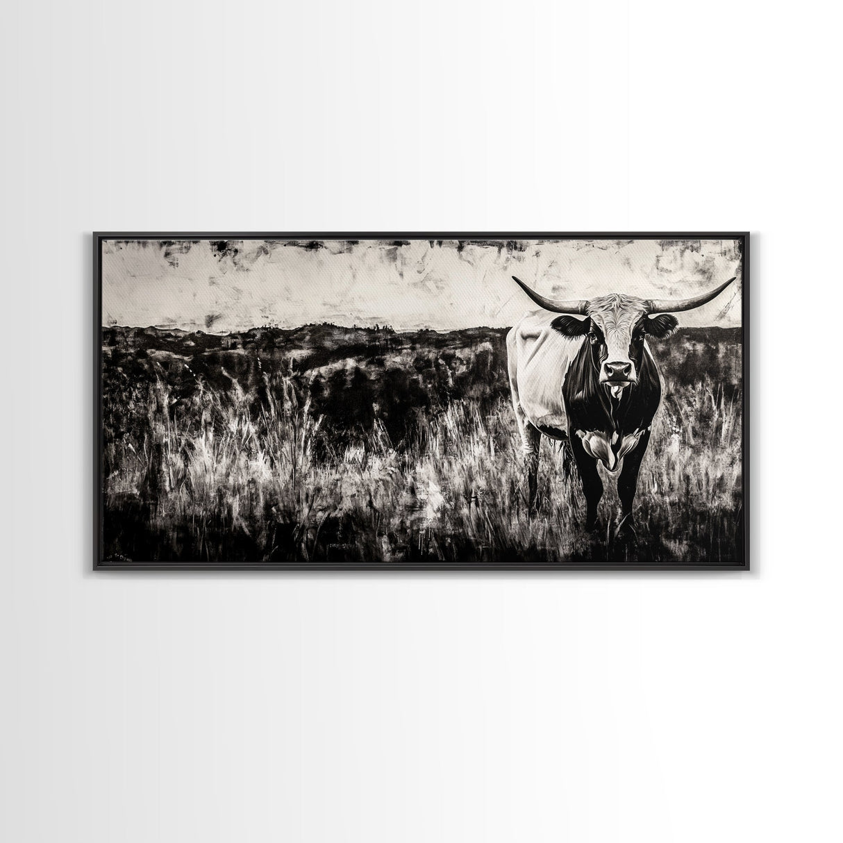 Texas Longhorn, Rustic Farmhouse, Black and White Western Art, Framed Canvas Print, Country Home Decor, Rustic Living Room Wall Art