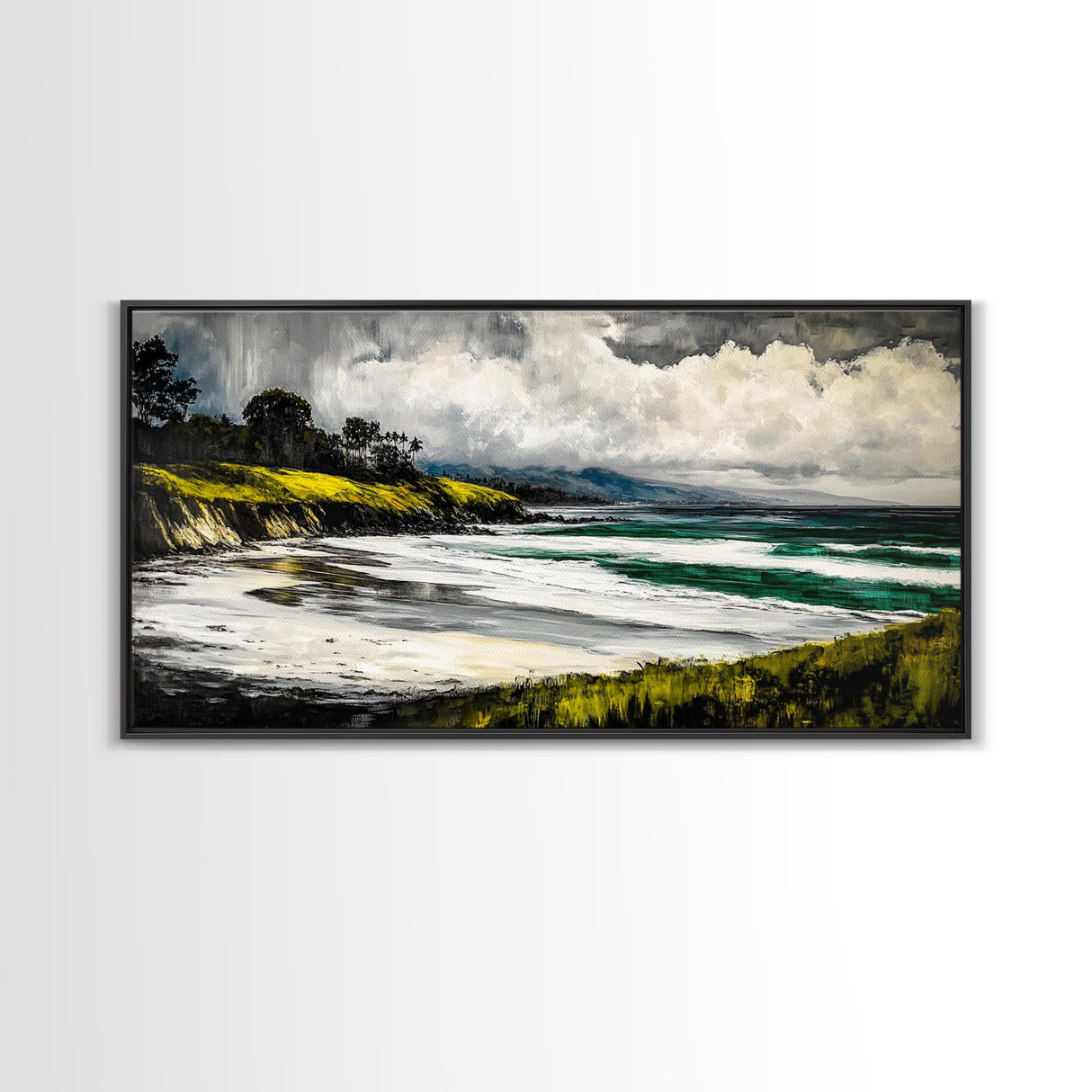 Foggy Shoreline, Rolling Waves, Coastal Landscape, Framed Canvas Print, Beach House Wall Art, Minimalist Decor, Modern Seascape Art