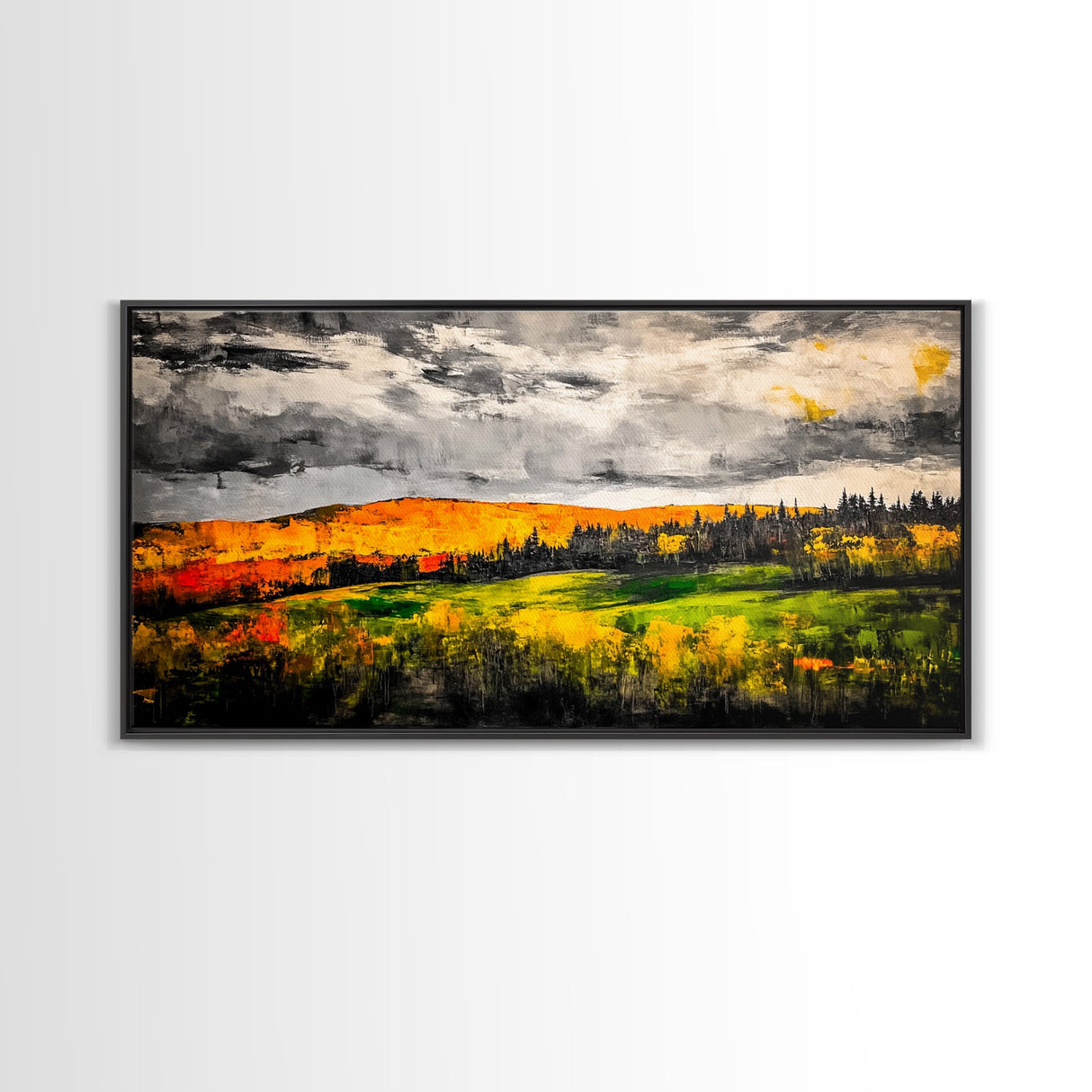 Fall Mountain View, Golden Forest Landscape, Moody Sky Painting, Rustic Country Art, Autumn Scene, Vibrant Wall Decor, Framed Canvas Print