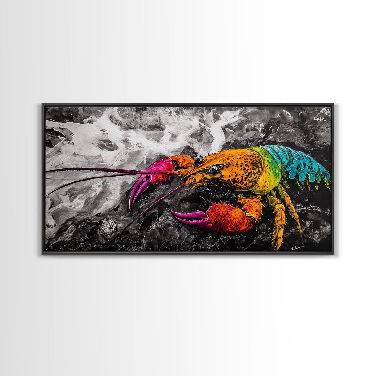 Rainbow Lobster, Colorful Crustacean, Bold Marine Art, Framed Canvas Print, Kitchen Decor, Vibrant Wall Art, Nautical Statement Piece
