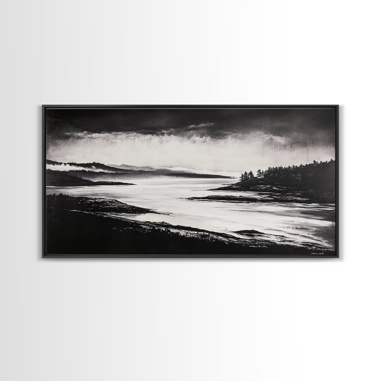 Serene Waters, Mountain Lake, Foggy Landscape, Canvas Print, Black and White Art, Minimalist Home Decor, Rustic Cabin Wall Art, Office Art