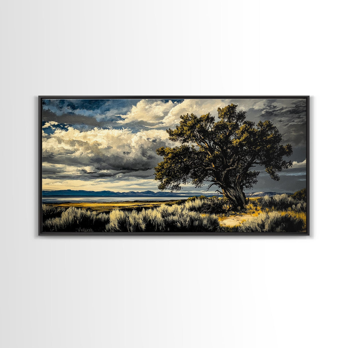 Solitary Tree, Dramatic Sky, Western Landscape, Rustic Nature, Southwest Art, Framed Canvas Print, Living Room Decor, Bold Earthy Painting
