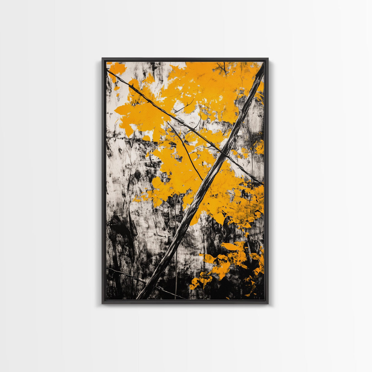 Abstract Autumn Leaves, Black White Orange, Nature Wall Art, Rustic Decor, Minimalist Fall Artwork, Living Room Art, Framed Canvas Print
