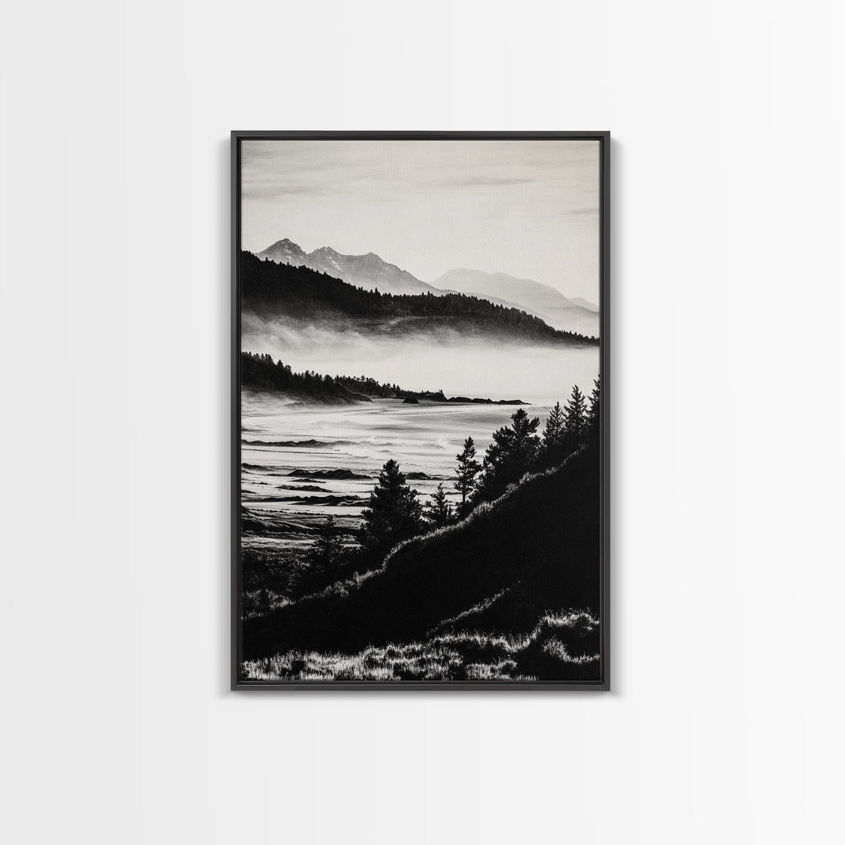 Misty Mountain, Black White Wall Art, Landscape Painting, Nature Artwork, Modern Home Decor, Minimalist Art, Framed Canvas Print