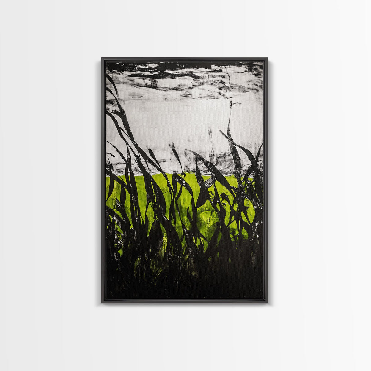 Minimalist Grass Field, Black White Green Nature Art, Abstract Farmhouse Wall Decor, Modern Simple Landscape, Framed Canvas Print