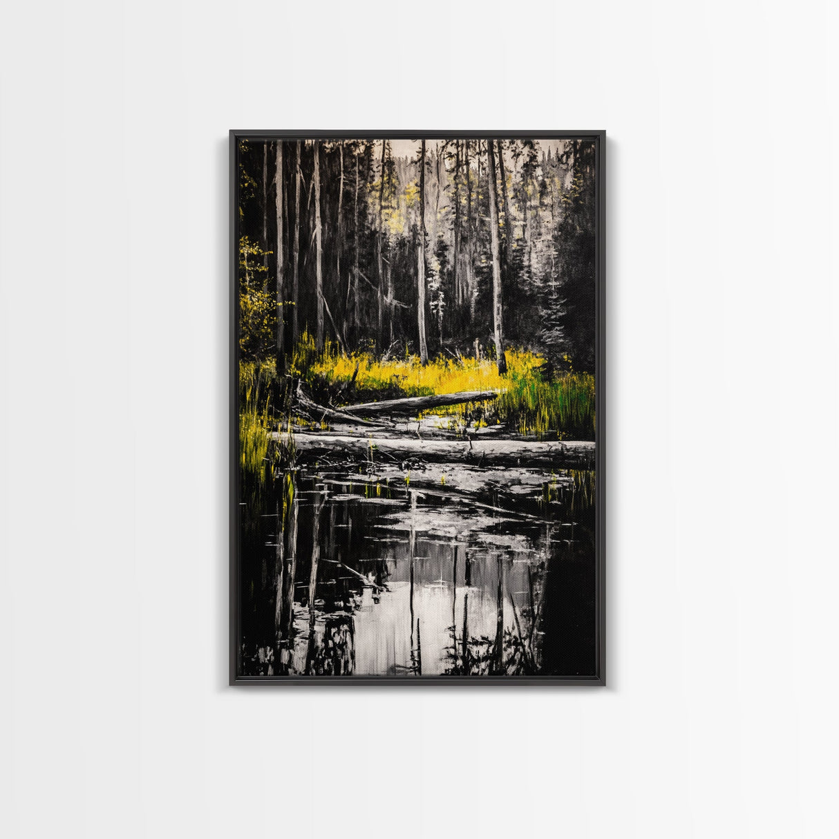 Forest Reflection, Black and White Landscape, Rustic Home Art, Nature Inspired Painting, Cabin Wall Decor, Framed Canvas Print
