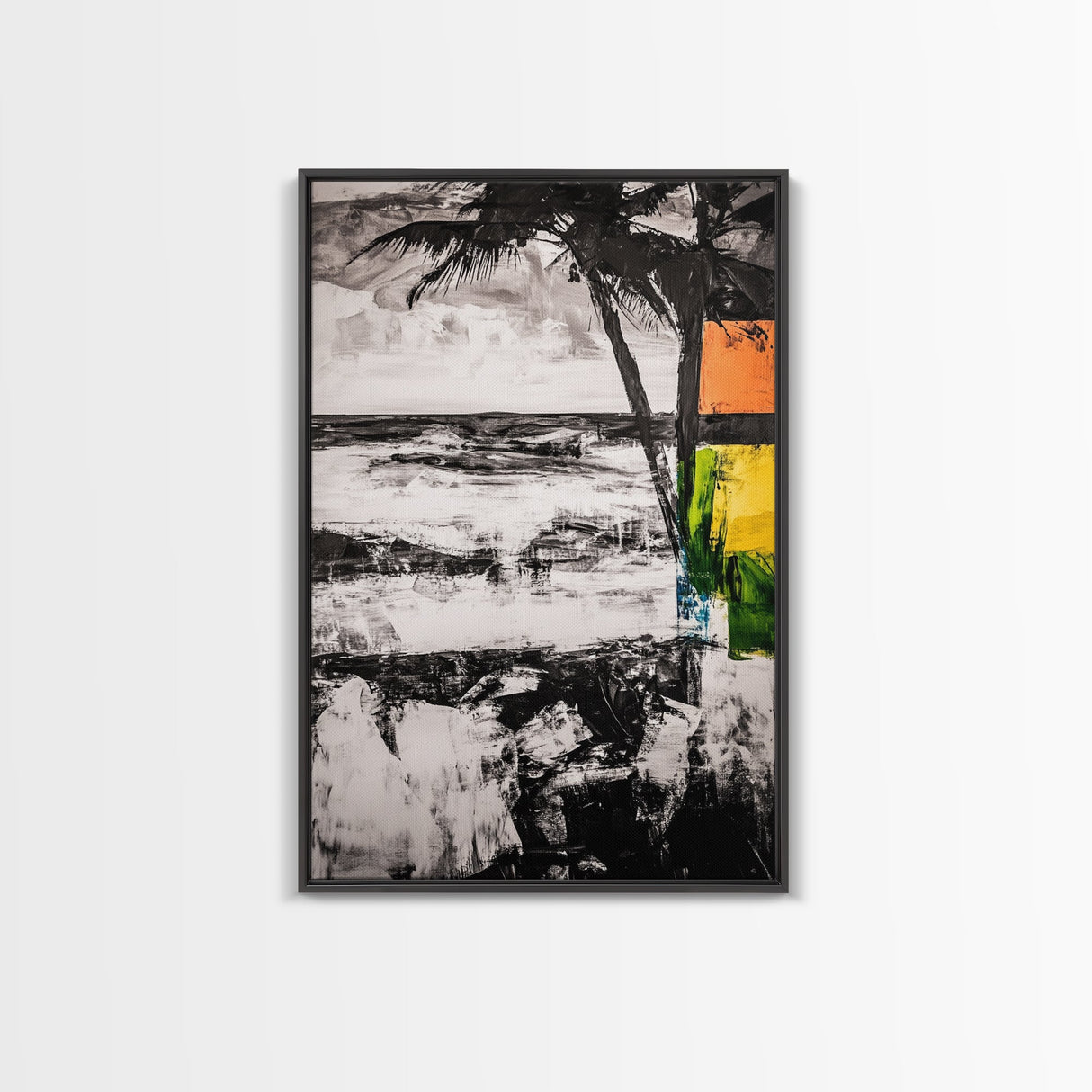 Palm Tree, Coastal Abstract, Beach Landscape, Framed Canvas Print, Tropical Wall Art, Black and White Painting, Modern Home Decor