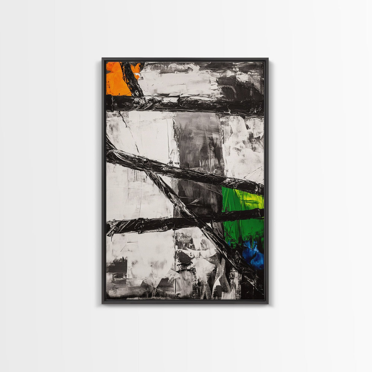Geometric Abstract, Black and White with Green and Yellow Accents, Modern Minimalist Wall Art, Framed Canvas Print, Office or Loft Decor