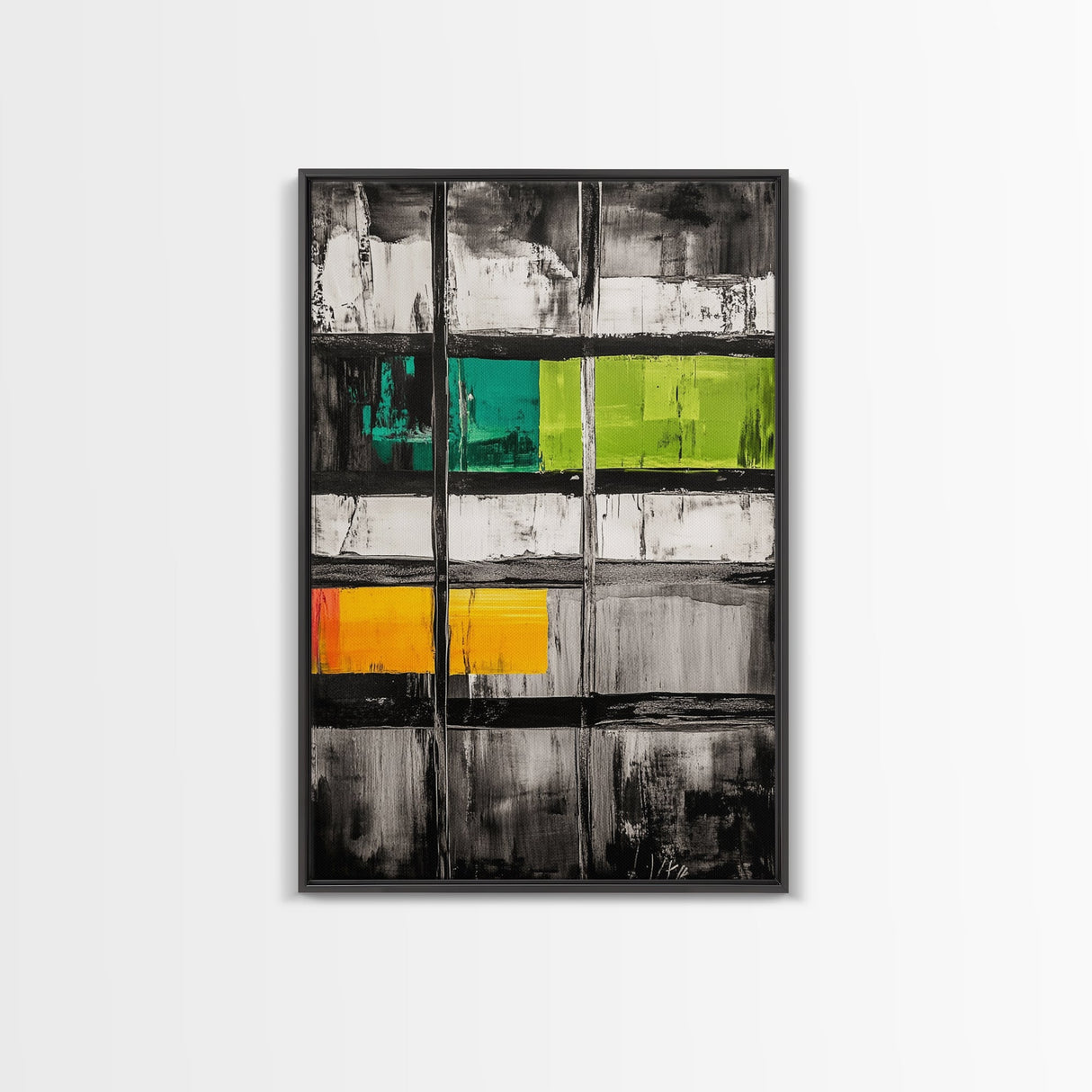 Modern Window Abstract, Black and White with Green and Yellow, Geometric Wall Art, Contemporary Interior Design, Framed Canvas Print