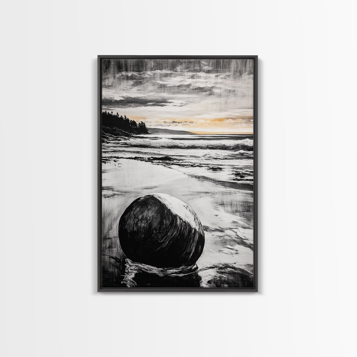 Rocky Beach, Sunset Landscape, Black White Gold, Framed Canvas Print, Coastal Wall Art, Nature Painting, Serene Home Decor
