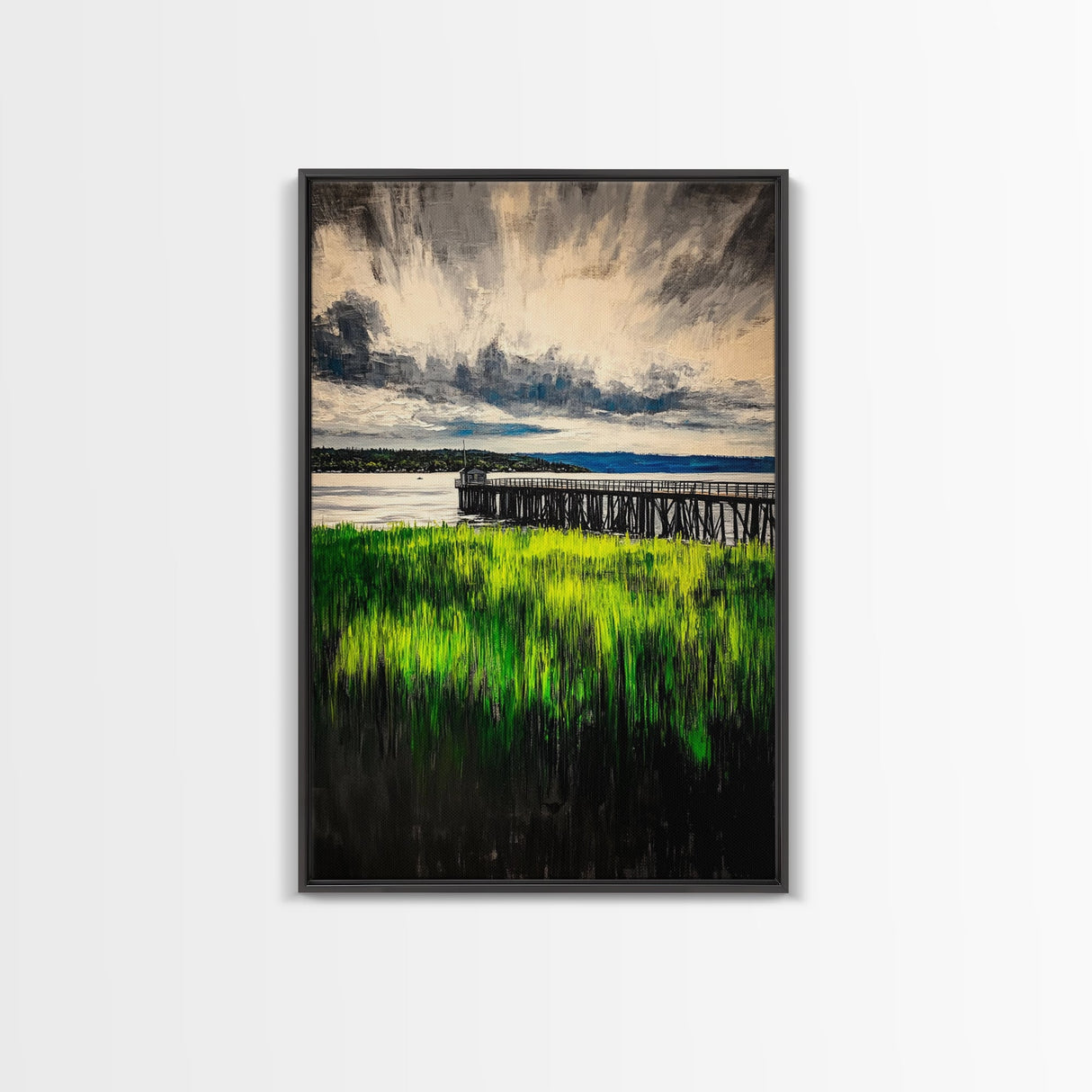 Lakeside Pier, Landscape Painting, Framed Canvas Print, Nature Wall Art, Blue Sky Art, Serene Lake View, Living Room Decor