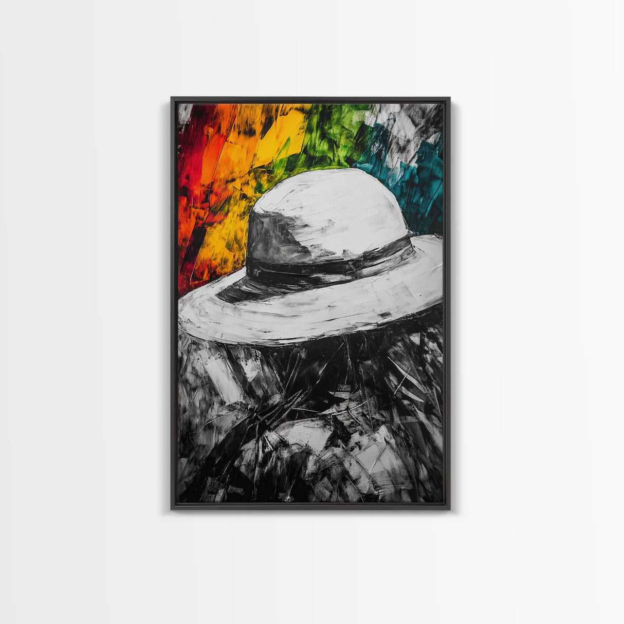 White Hat, Western Art, Framed Canvas Print, Southwestern Decor, Rustic Wall Art, Colorful Abstract Art, Boho Living Room Art