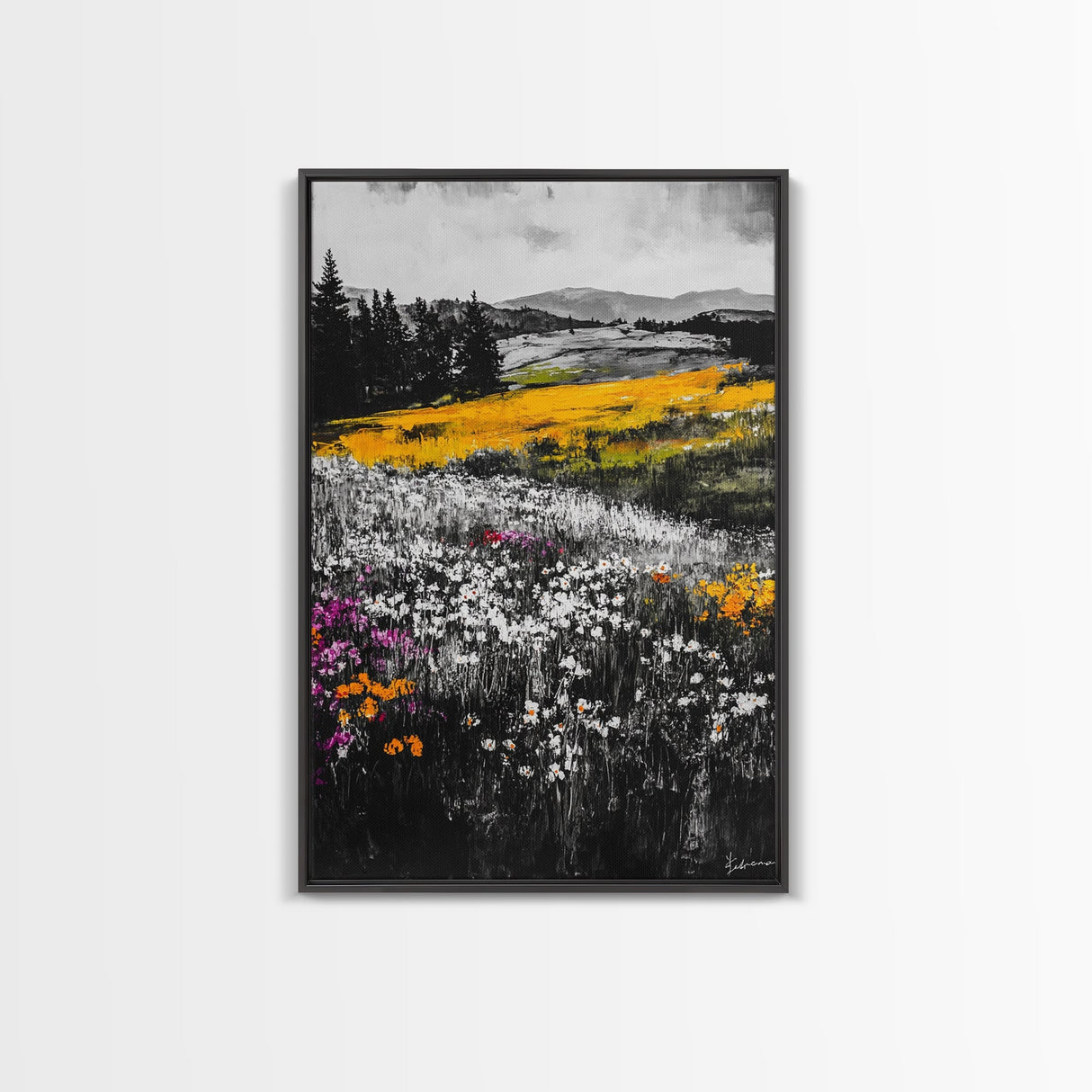 Wildflower Meadow, Mountain Art, Framed Canvas Print, Nature Wall Art, Vibrant Floral Painting, Spring Landscape Art, Living Room Decor