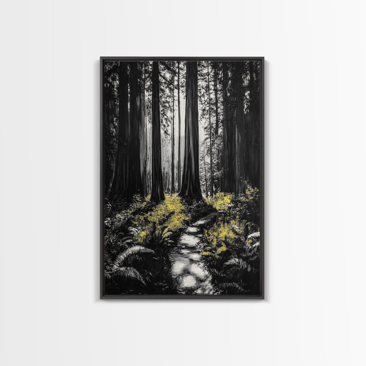 Redwood Forest, Tall Trees, Nature Path, Canvas Print, Moody Wall Art, Black and White Painting, Rustic Home Decor, Cabin Artwork