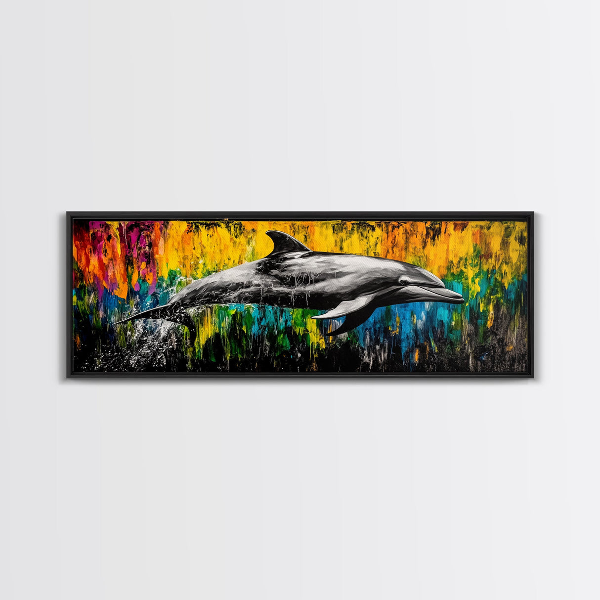 Dolphin Splash, Ocean Wildlife, Framed Canvas Print, Colorful Wall Art, Beach House Decor, Living Room Art, Vibrant Sea Life Painting