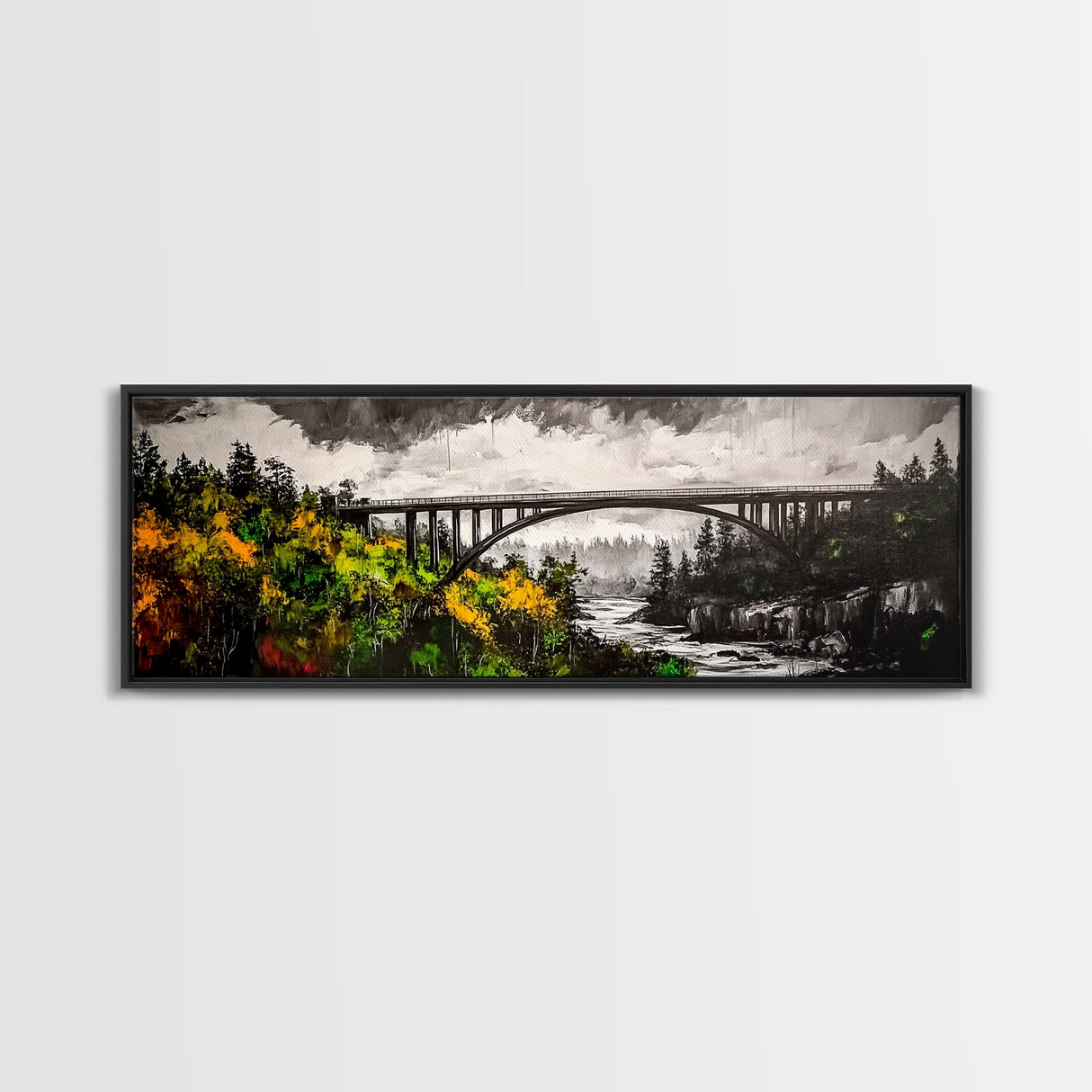 Forest Bridge, Scenic Landscape, River Valley, Canvas Print, Rustic Wall Art, Cabin Decor, Nature Inspired, Living Room Art, Moody Aesthetic