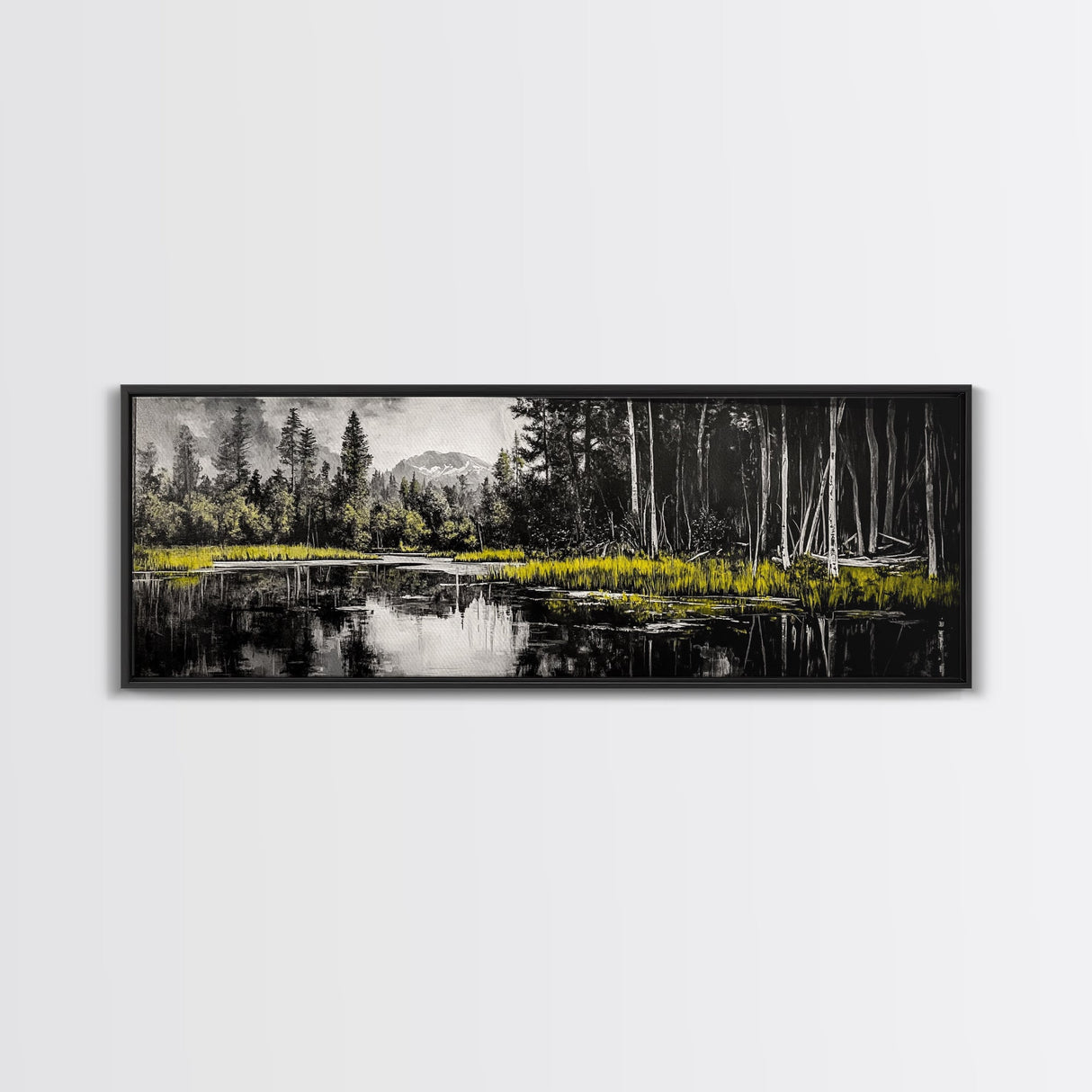 Misty Forest, Mountain Reflections, Black and White Nature Art, Framed Canvas Print, Living Room Decor, Wilderness Wall Art, Scenic Landscape