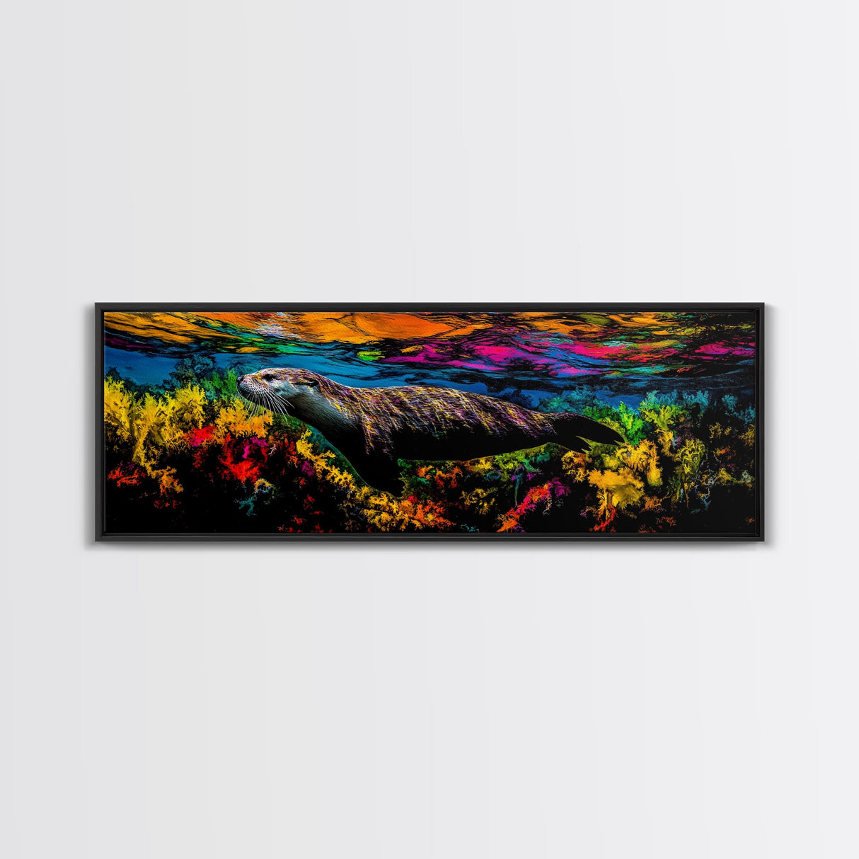 Ocean Wildlife, Vibrant Otter, Underwater Scene, Framed Canvas Print, Colorful Wall Art, Marine Life, Coastal Decor, Kids Room Art