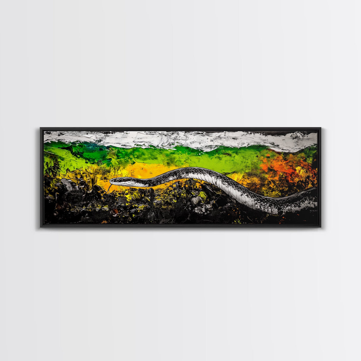 Abstract Snake, Vibrant Reptile Art, Jungle Theme, Wildlife Painting, Green and Yellow, Bold Nature Print, Framed Canvas Print