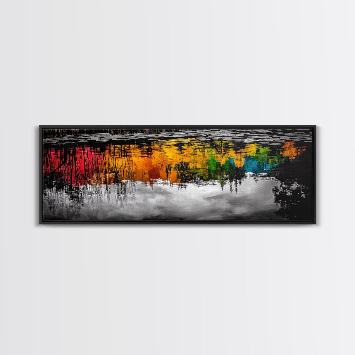 Colorful Reflection, Abstract Water Art, Nature Painting, Autumn Trees, Vibrant Colors, Black and White Contrast, Canvas Print