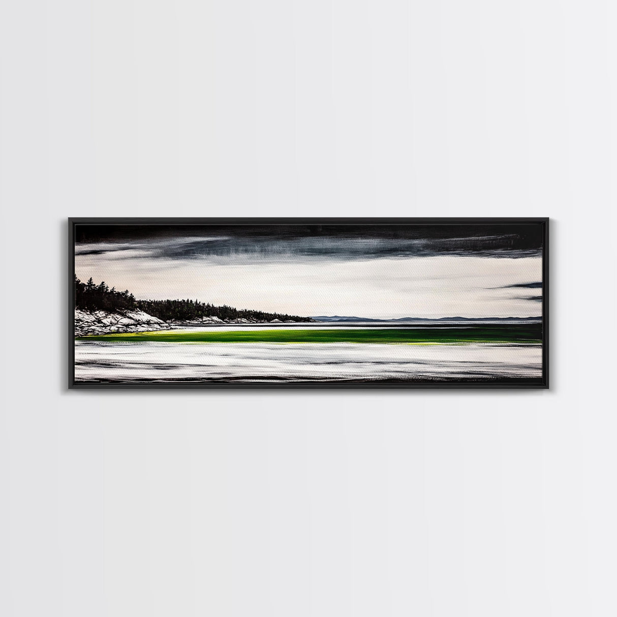 Serene Lake, Monochrome Water Art, Minimalist Nature, Dramatic Sky, Green Accent, Modern Home Wall Decor, Framed Canvas Print