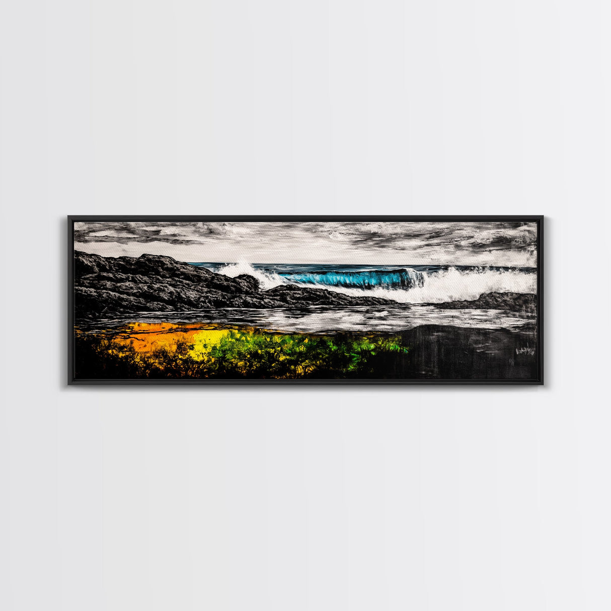 Rocky Shore, Crashing Waves, Black White Blue, Framed Canvas Print, Ocean Wave Painting, Surf Art, Minimalist Coastal Decor