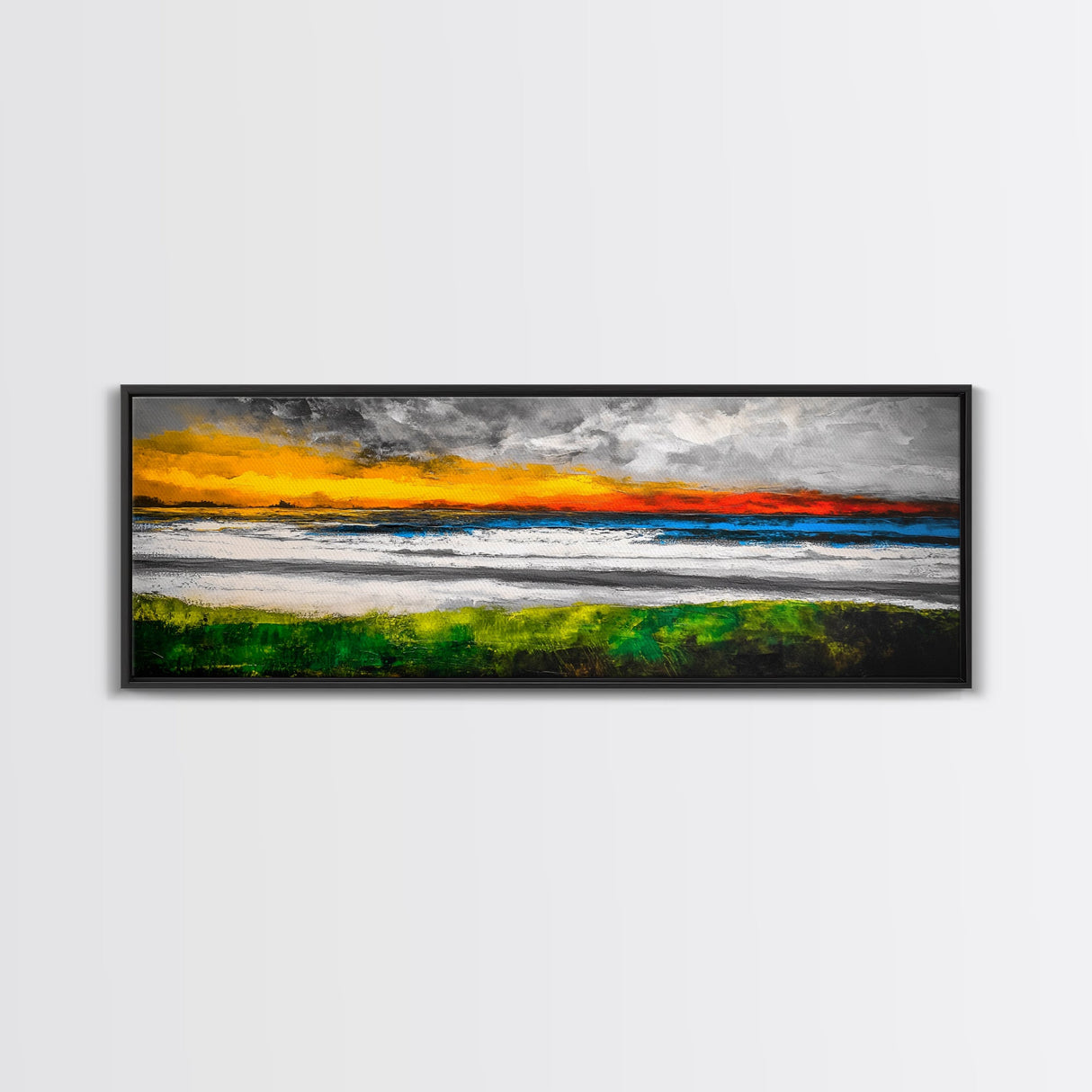 Sunset Beach, Ocean Waves, Abstract Seascape, Framed Canvas Print, Modern Coastal Decor, Living Room Wall Art, Beach House Art