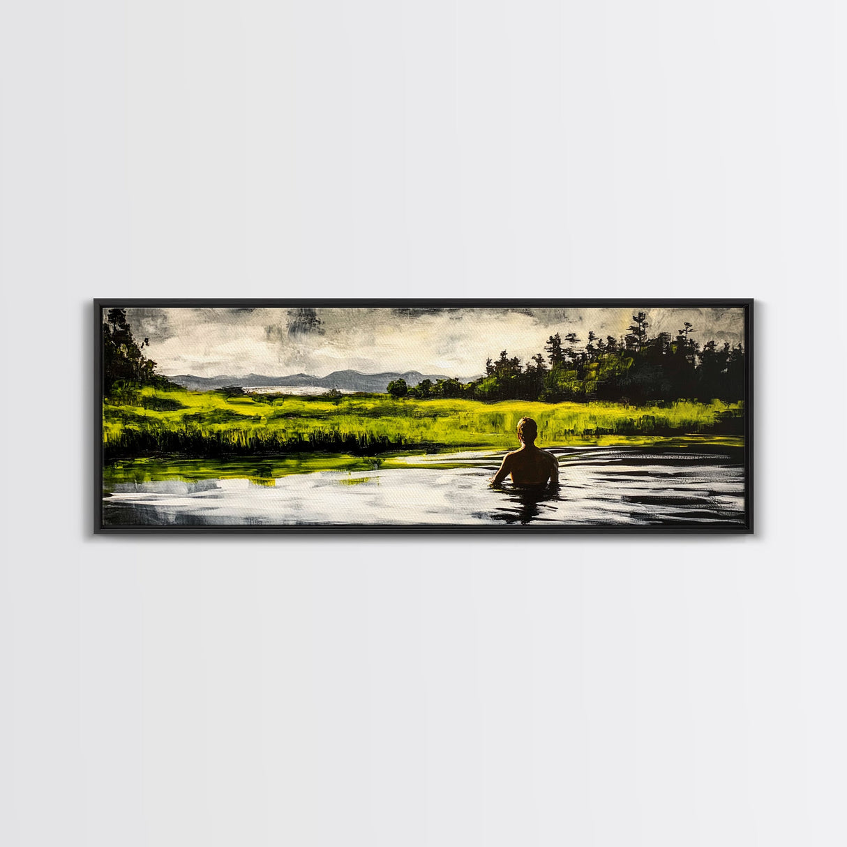 Man, Water, Reflection, Framed Canvas Print, Serene Landscape Art, Tranquil Wall Decor, Nature Inspired Painting, Moody Green Aesthetic