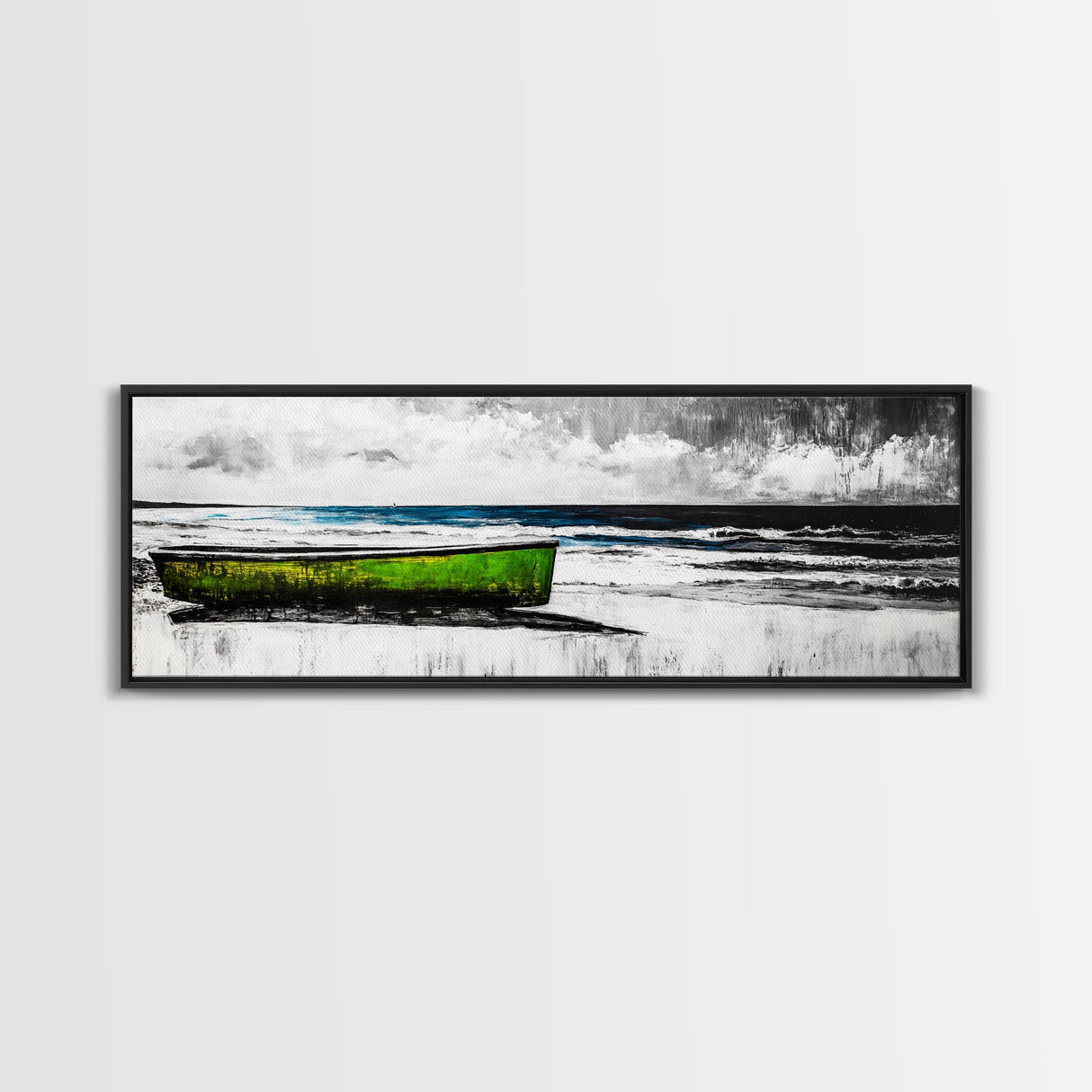 Seaside Boat, Coastal Art, Minimalist Nautical, Framed Canvas Print, Black and White Beach Art, Ocean Scene, Modern Seascape, Contemporary Decor