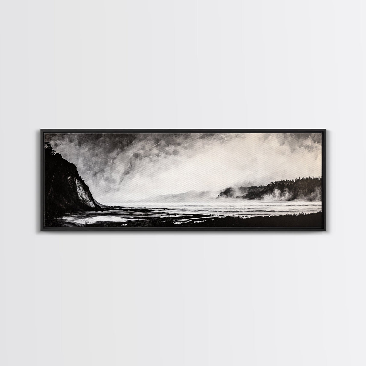 Misty Ocean, Coastal Hills, Foggy Landscape, Framed Canvas Print, Black and White Art, Monochrome Painting, Nature Wall Art, Office Decor