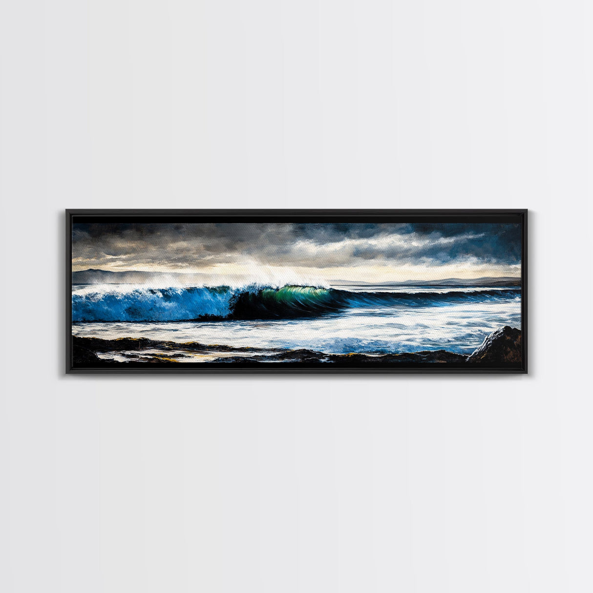 Powerful Ocean Wave, Realistic Seascape Art, Blue Water Wall Decor, Coastal Living Room Art, Surfer Beach Print, Framed Canvas Print