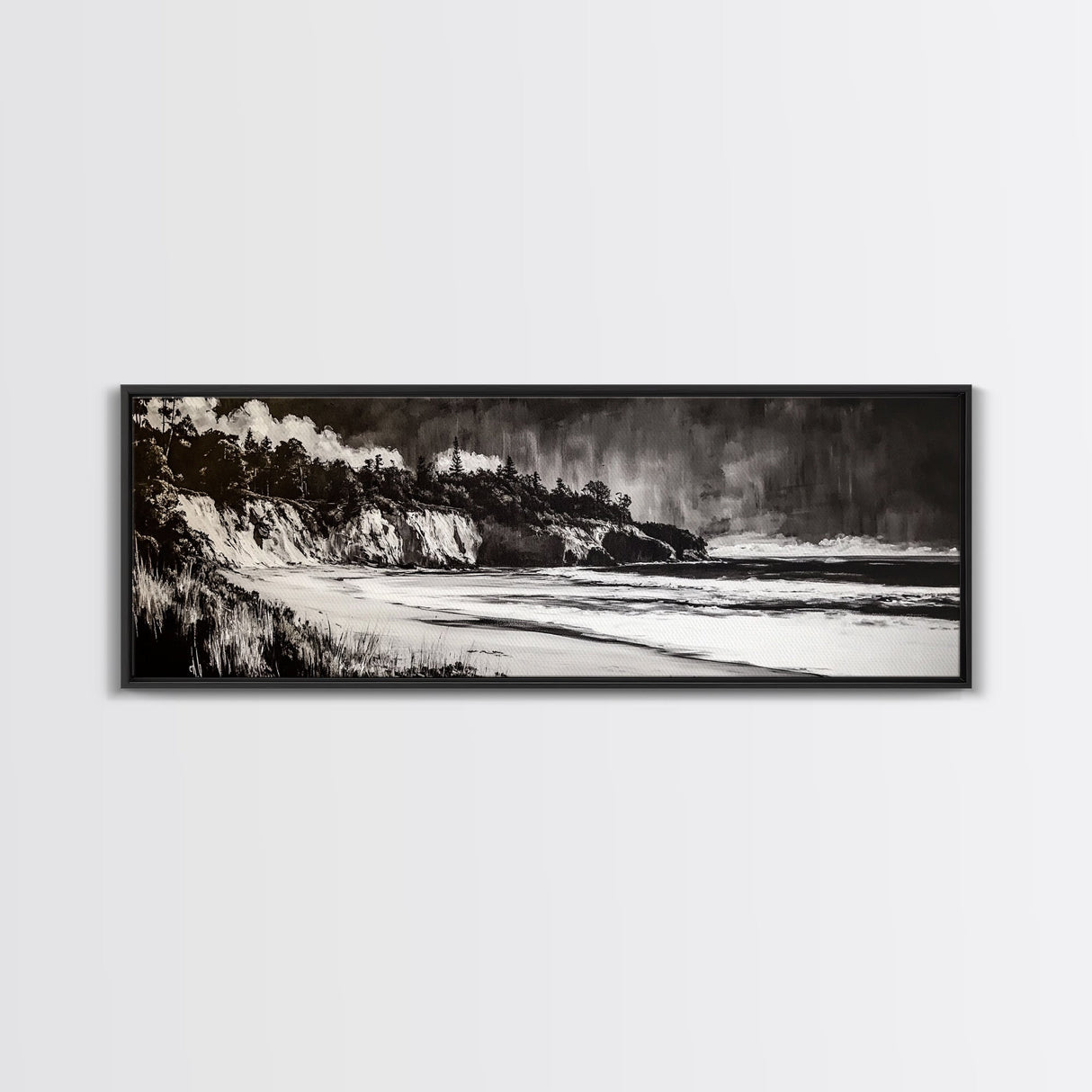 Bold Coastal Cliff, Monochrome Seascape Painting, Dramatic Nature Wall Art, Minimalist Ocean Print, Modern Home Decor, Framed Canvas Print