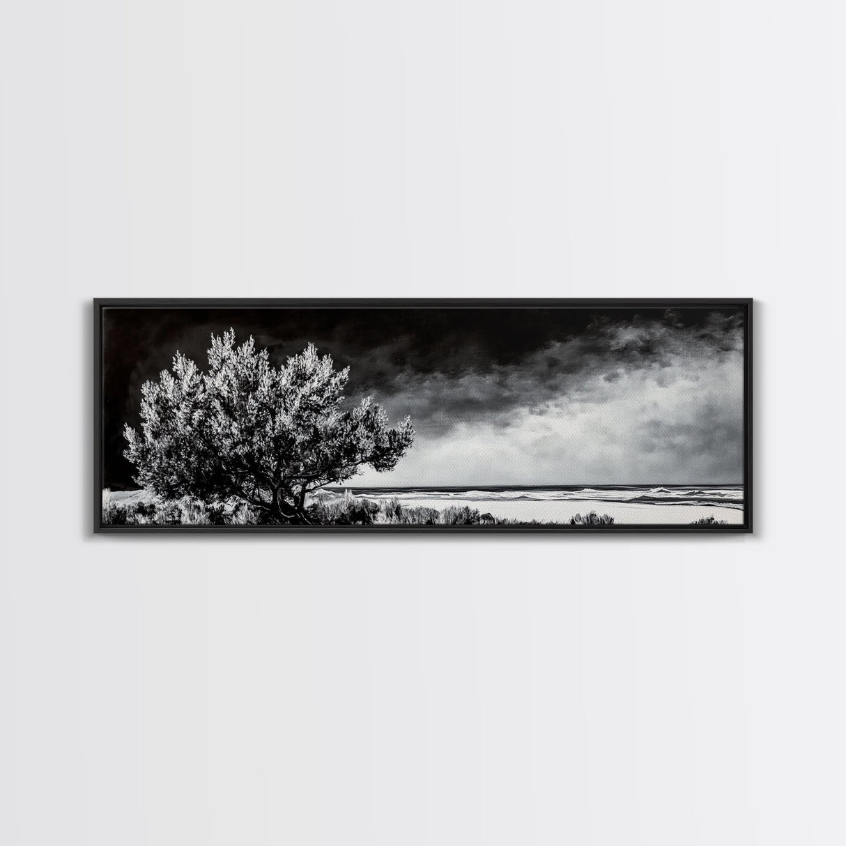 Monochrome Tree Art, Dramatic Nature Painting, Black and White Wall Decor, Minimalist Forest Print, Modern Office Art, Framed Canvas Print