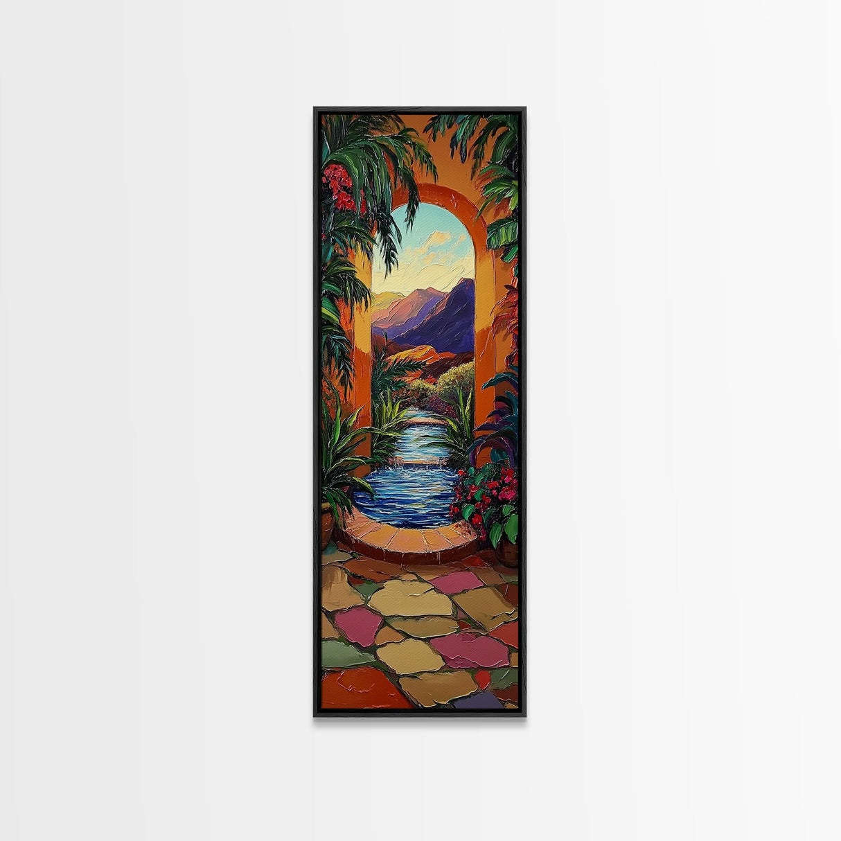 Tropical Archway, Retreat Painting, Framed Canvas Print, vibrant Mediterranean garden, doorway wall art, boho home décor, living room