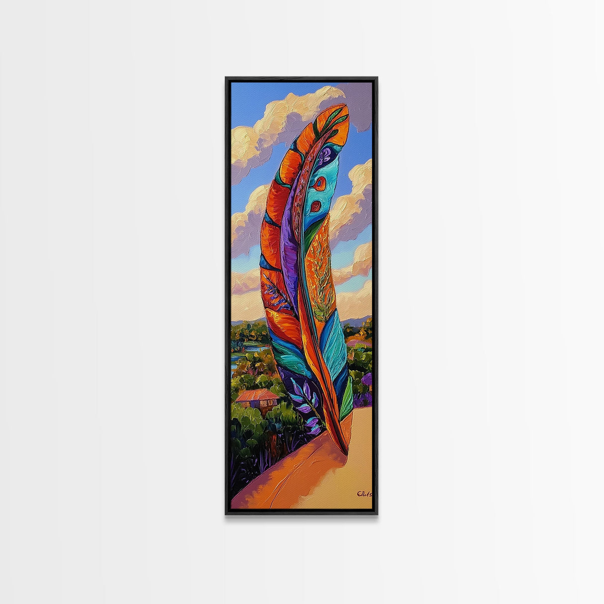 Feather Sky, Tribal Colorful, Bold feather landscape Framed Canvas Print, boho chic wall art, meditation room wall decor