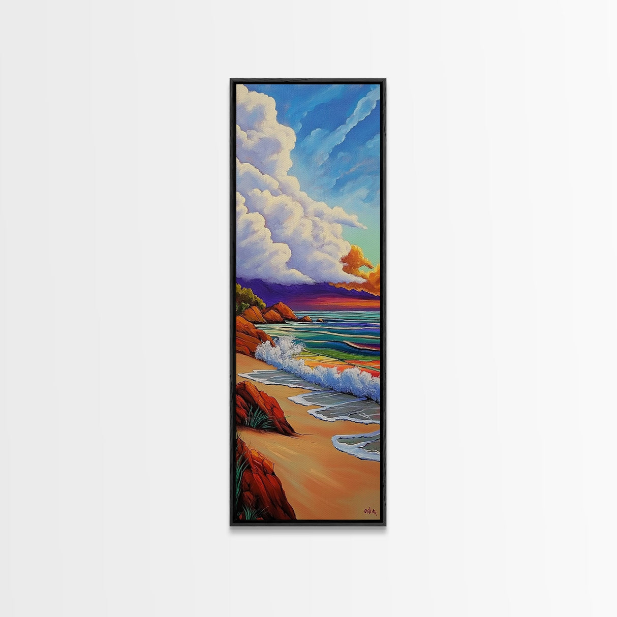 Peaceful Shoreline, Colorful Sunset, Framed Canvas Print ocean waves art, colorful sunset beach painting, vibrant sky seascape, nature art
