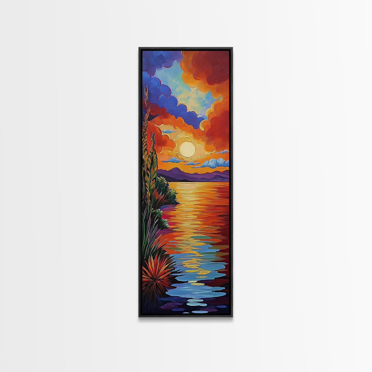 Sunset Reflections, Bold Lake, Framed Canvas Print vibrant sunset over water, colorful sky and lake scene, tranquil evening art, nature decor