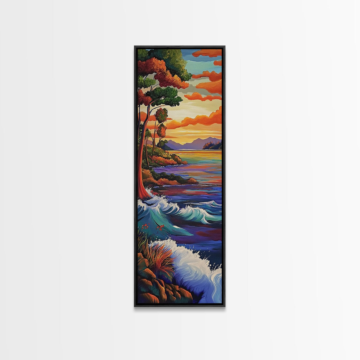 Coastal, Sunset, Trees, Ocean View Framed Canvas Print, Bold Color Landscape, Nature Wall Decor, Entryway Boho Art, Lake House Vibes