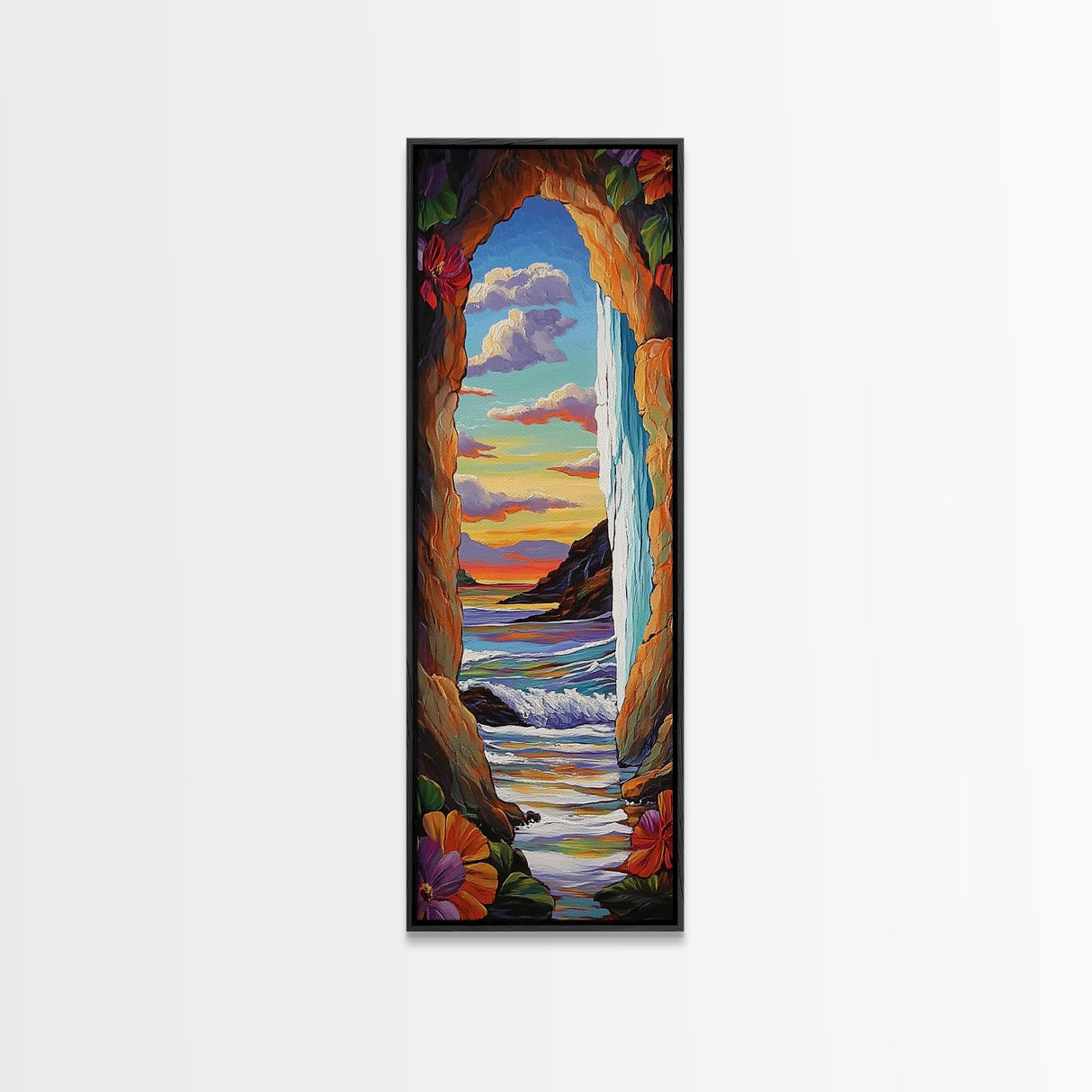 Ocean, Sunset, Archway, View, Framed Canvas Print, Coastal wall decor, tropical beach art, vibrant living room painting, boho landscape style