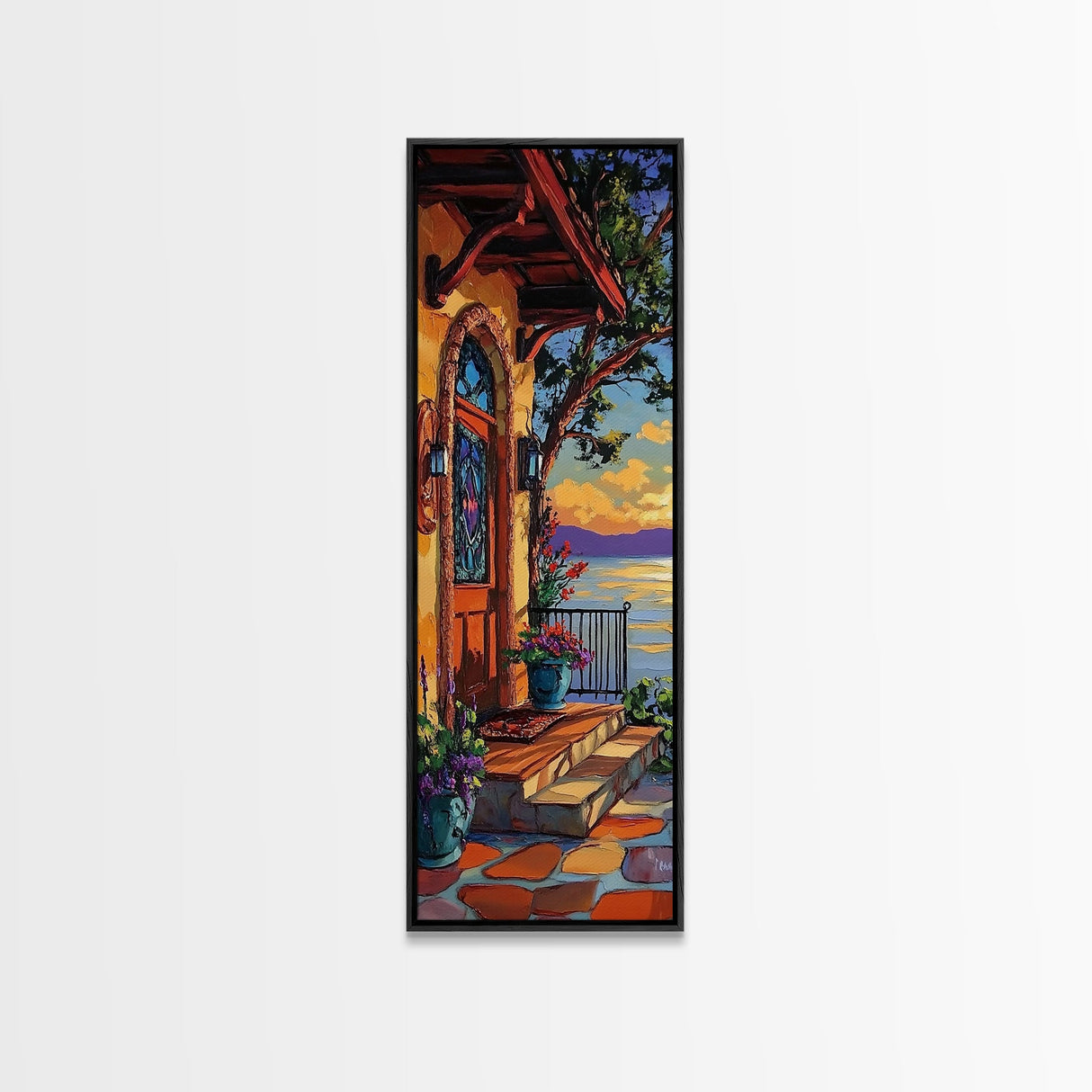 Doorway, Ocean, Mediterranean, Flowers, Framed Canvas Print, Mediterranean doorway wall art, ocean view canvas print, flower entryway painting