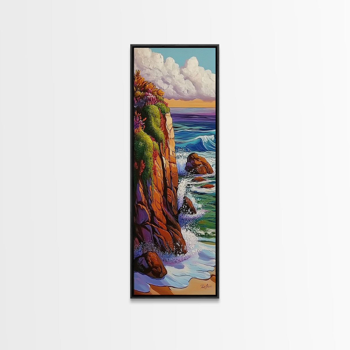 Cliff, Ocean, Waves, Nature, Framed Canvas Print of dramatic coastal waves, serene beach art, bathroom wall decor, ocean lover gift