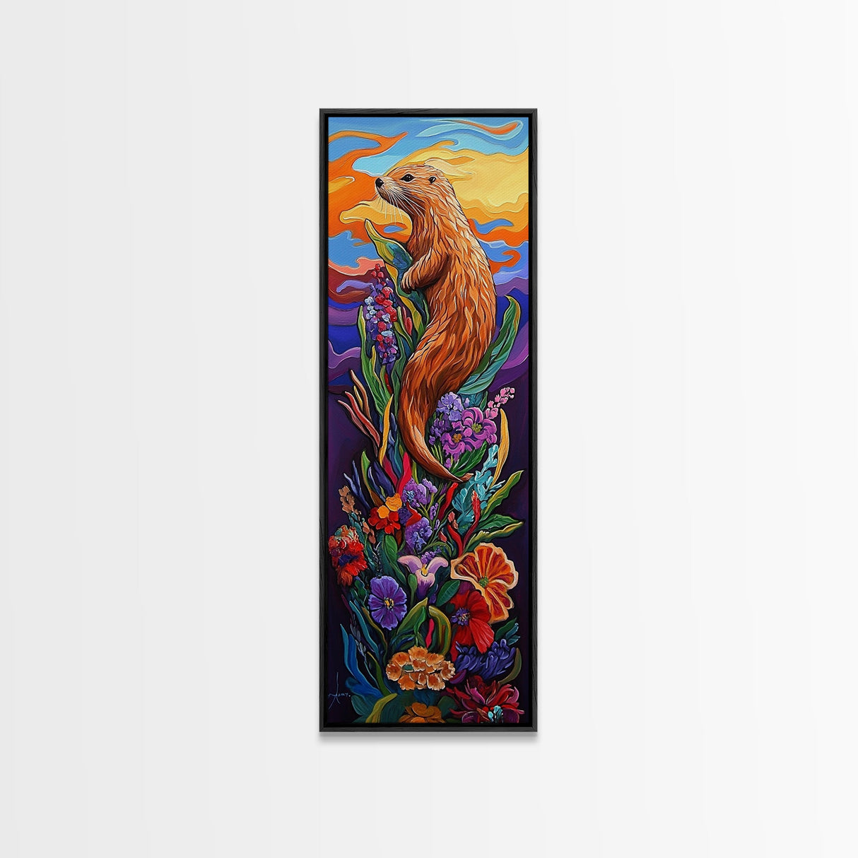 Otter, Flowers, Fantasy, Wildlife, Framed Canvas Print, Whimsical animal art in vibrant palette, ideal Nursery Art or Nature Lover Decor