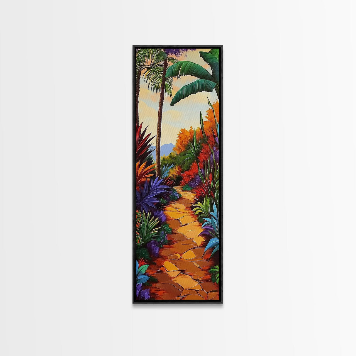 Tropical Pathway, Palms, Jungle Walkway Framed Canvas Print, Bohemian Wall Art, Bedroom Botanical Decor, Vibrant Nature Illustration